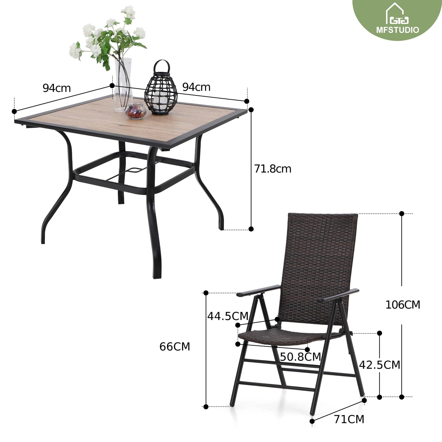 MFSTUDIO Polyrattan Gartenmöbel Set, 94cm Quadratische Tisch mit 4cm Schirmloch und 4 Rattan Klappstuhl, Balkonmöbel Set，Gartentisch mit Stühlen Set für Terrasse, Balkon, Bistro, Garten