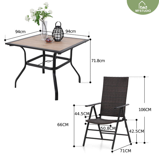 MFSTUDIO Polyrattan Gartenmöbel Set, 94cm Quadratische Tisch mit 4cm Schirmloch und 4 Rattan Klappstuhl, Balkonmöbel Set，Gartentisch mit Stühlen Set für Terrasse, Balkon, Bistro, Garten