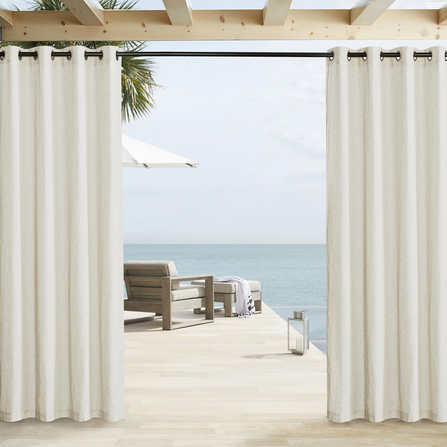 PONY DANCE Outdoor Vorhang mit Ösen 2er Set Terrasse Vorhänge Leinen Boho Outdoor Gardinen Beige Halbtransparent Outdoorvorhänge für Draußen & Pavillon, H 213 x B 140 cm