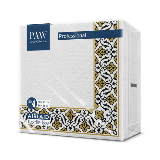 PAW - Servietten aus Airlaid - Stoffähnlich (40 x 40 cm) I 50 Stück I Ideal für Hochzeit, Taufe, Kommunion, Geburtstag I Hochwertige Tischdeko Stoffservietten - Gold-Schwarz I Floral Frame gold-black
