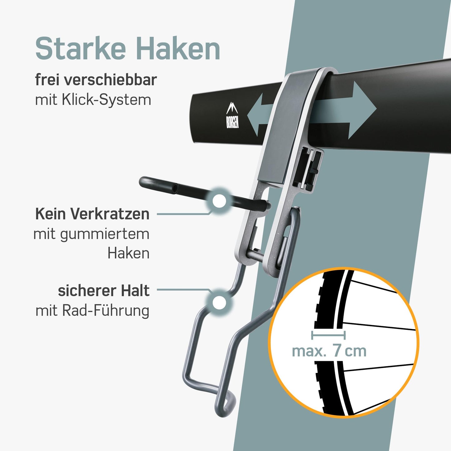 Borgen Fahrrad Wandhalterung Vertikal geeignet für alle Fahrräder, wie z.B. E Bike, Mountainbike, Rennrad, stufenlos verstellbar, Fahrradaufhängung Wand