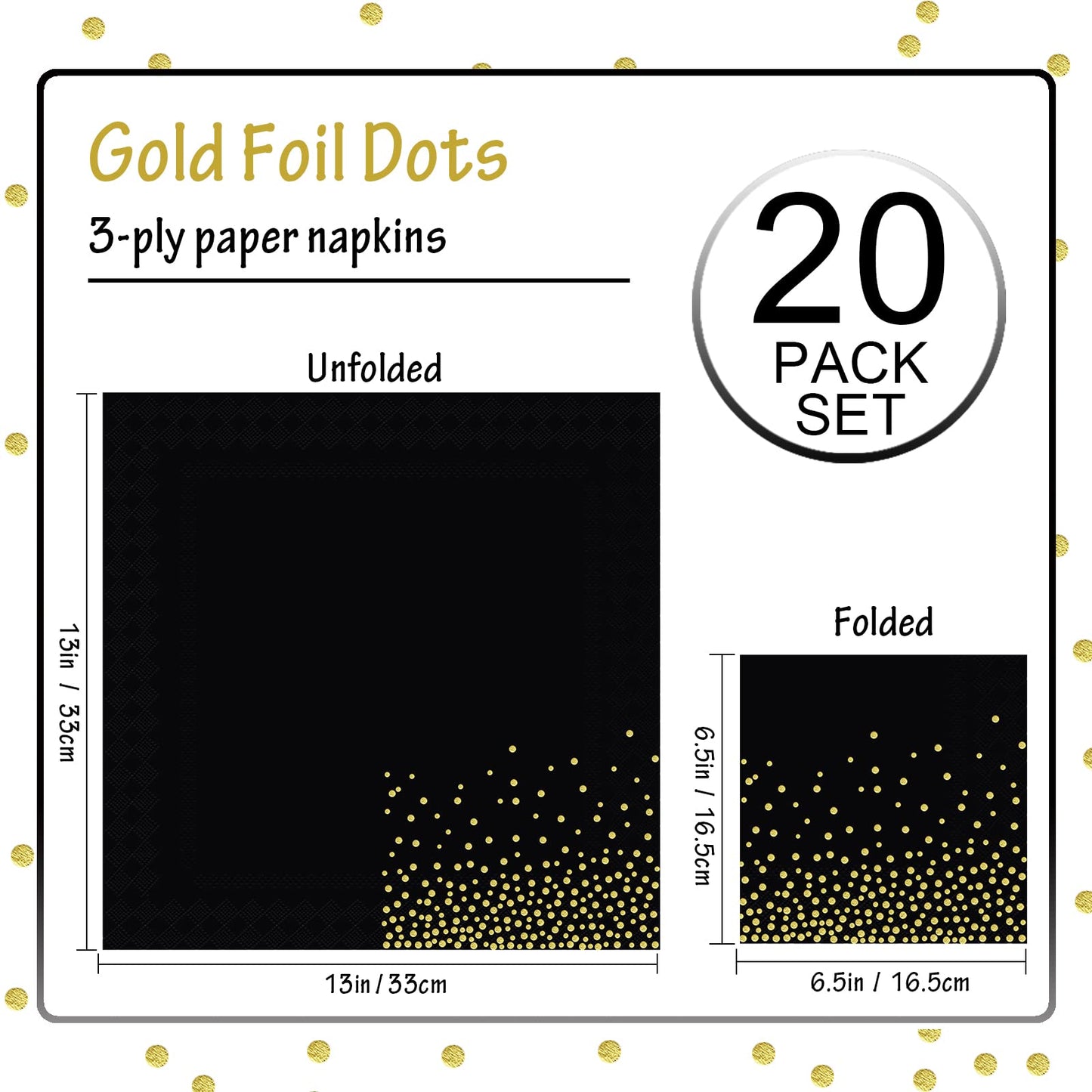 Servietten, Goldfolie Party-serviette Schwarz Golddruck Gepunktete 3-lagig Papier Servierten, Cocktailservietten 33x33cm Papierservietten mit metallic Aufdruck, 20 Stück
