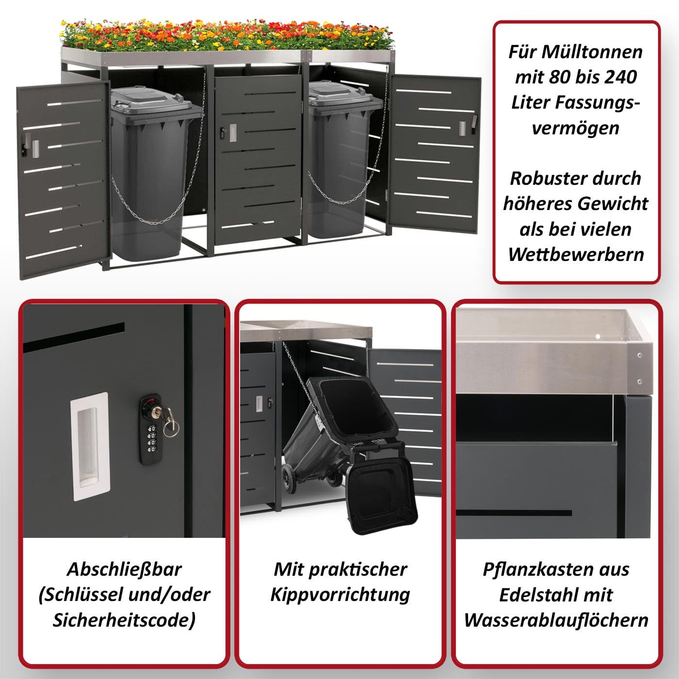 3er-Mülltonnenverkleidung HWC-H40, Mülltonnenbox, Pflanzkasten Edelstahl-Metall-Kombi 78kg 125x198x84cm erweiterbar