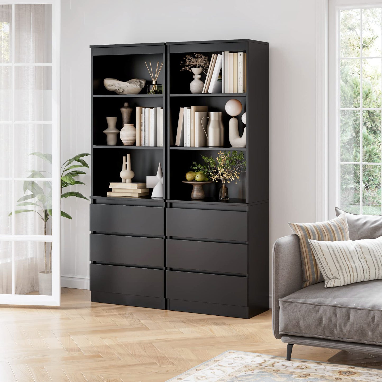 FirFurd Bücherregal mit 3 Schubladen 3 Fächern, 180 cm Hochschrank, Küchenschrank aus Holz, Mehrzweckschrank für Wohnzimmer Büro Küche, Schwarz