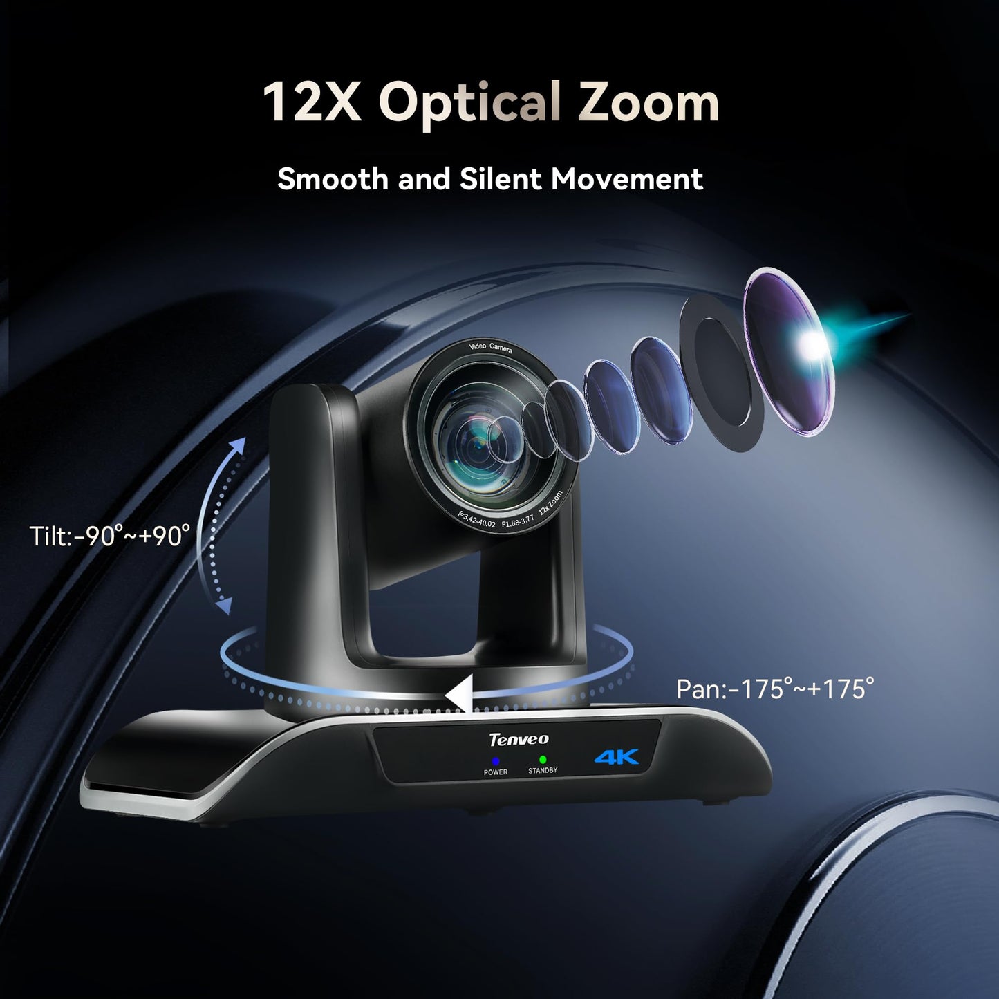 Tenveo 4K PTZ Konferenzraum Kamera 12X Optischer Zoom USB3.0/HDMI Weitwinkel PTZ Kamera für Videokonferenz Kirche,Skype/Zoom/OBS/YouTube Live Streaming
