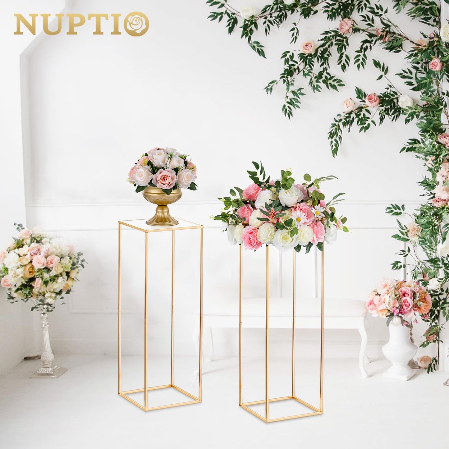 NUPTIO 2 Stück Goldvasen für Hochzeit Herzstück Tische, Metall Blumenboden Vase Säule Blumenständer, 80cm Hohe Geometrische Blumenvase, Rechteckige Blumen Display Rack für Zuhause Party Hochzeit