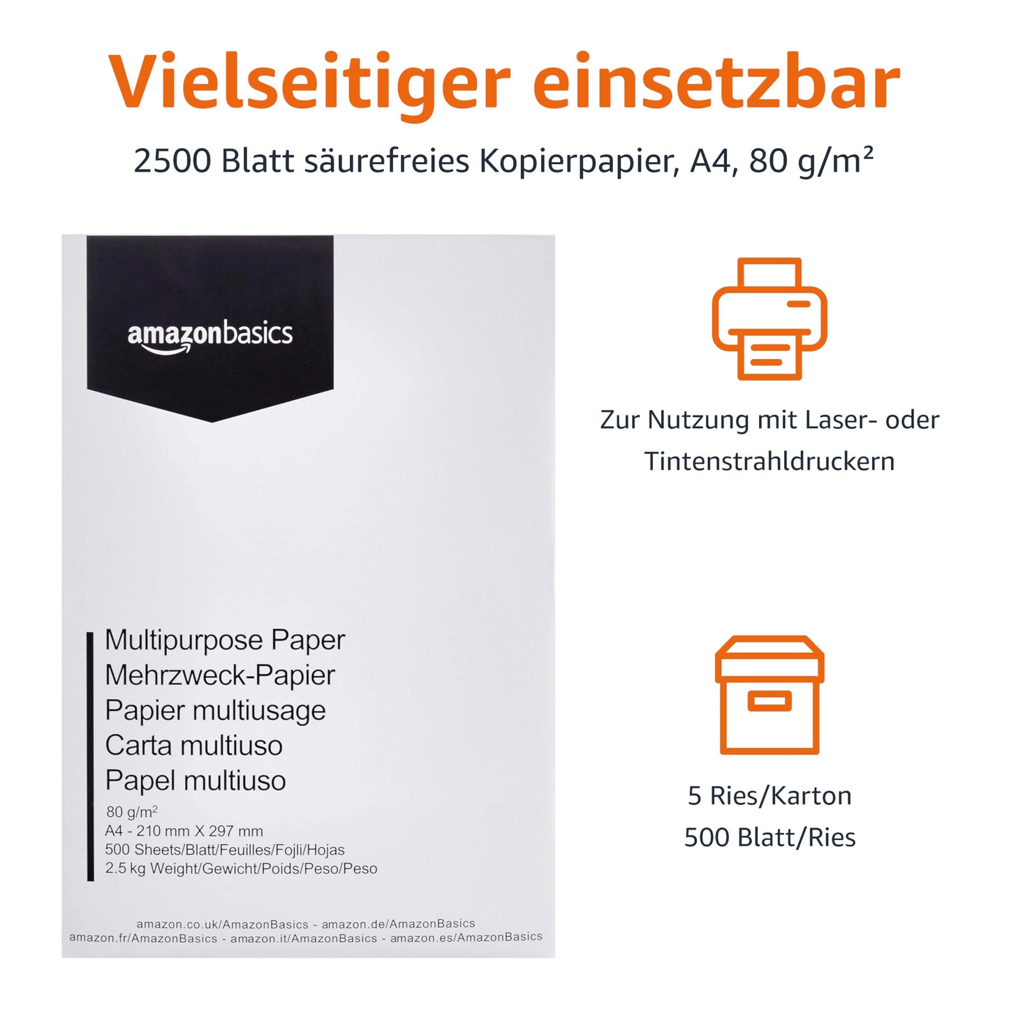 Amazon Basics Druckerpapier, DIN A4, 80 g/m², 2500 Stück, 5 Packungen mit 500, Weiß