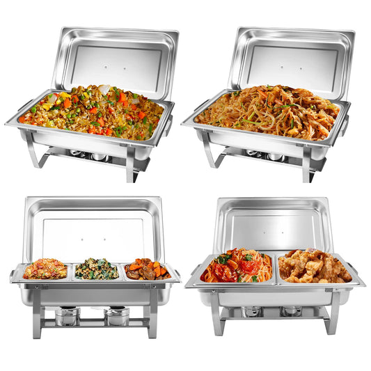 Valgus 4-Pack 9L Edelstahl Chafing Dish Set Buffet Suppenwärmer mit 2 volle Größe, 2 halbe Größe, 3 1/3 Größe Pfannen Food Warmer für Partys, Buffets, Hochzeit, Bankett, Catering Veranstaltungen