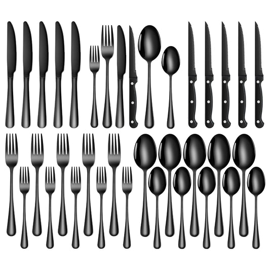 TAN REN Besteck Set Schwarz 6 Personen, 36-Teiliges Edelstahl Besteckset Schwarz mit Steakmesser, Elegantes Essbesteck mit Messer Gabel Löffel, Tafelbesteck für Küche/Restaurant