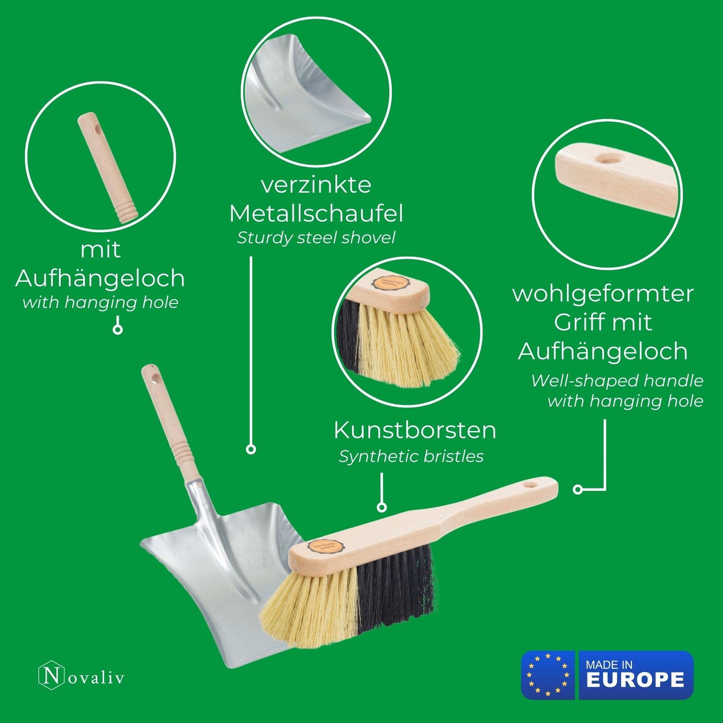 Novaliv Zimmerbesen mit Stiel FEINE KUNSTBORSTEN Besen weiche Borsten Schrankbesen mit Teleskopstiel und Handfeger Kehrblechgarnitur Metall Kehrblechbesen Handkehrset Feger und Kehrblech