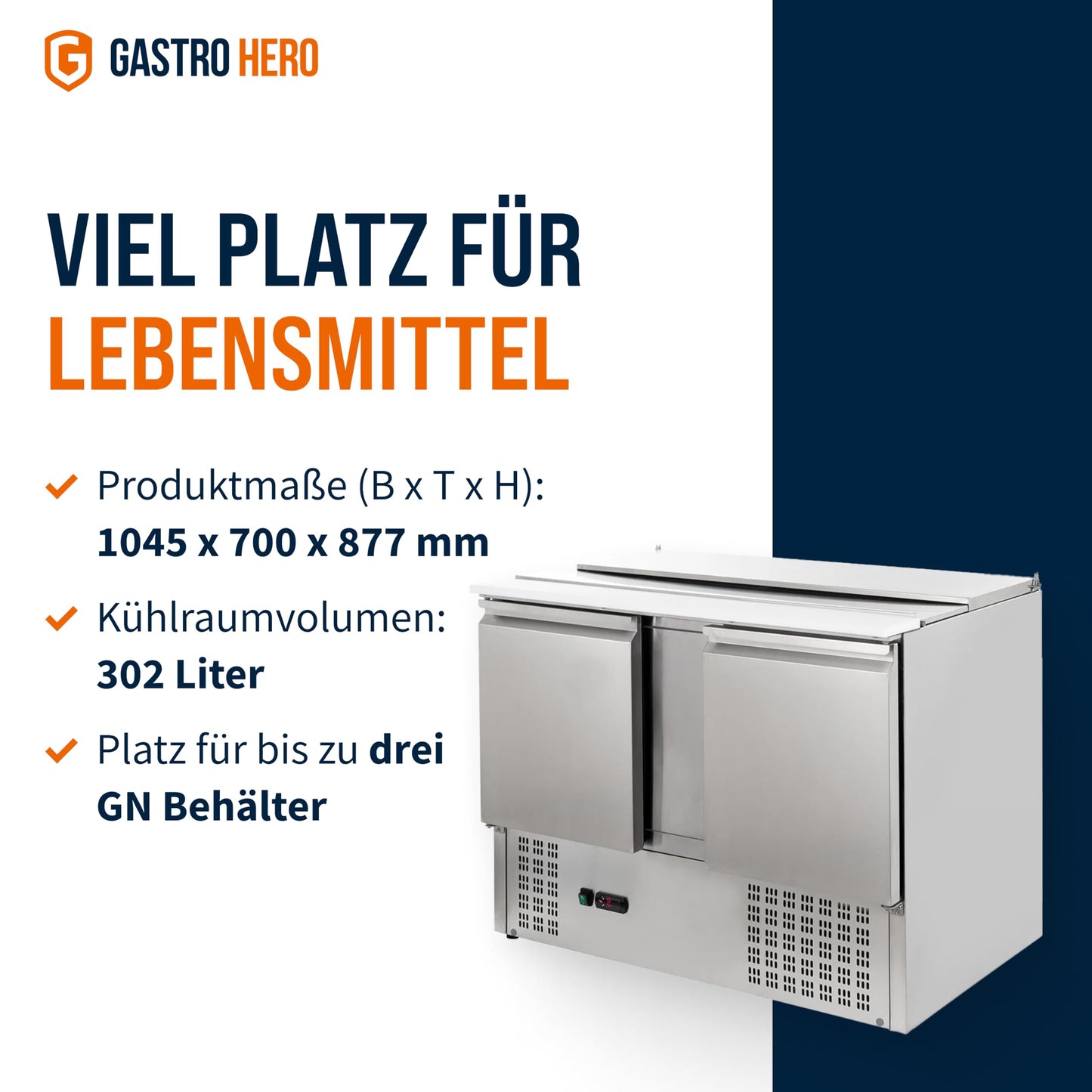GastroHero Saladette Eco 1045 – 302 Liter Kühlung, 2 Edelstahl-Türen, GN-Behältereinlass