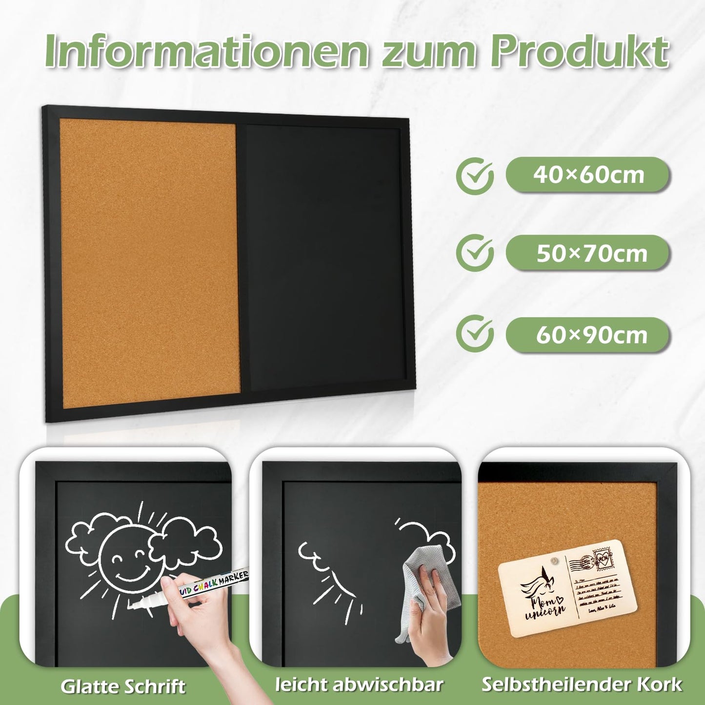QUEENLINK Kombitafel mit Magnetische Kreidetafel und Pinnwand Kork 40 x 60 cm Pinnwand Küche Magnettafel Memoboard