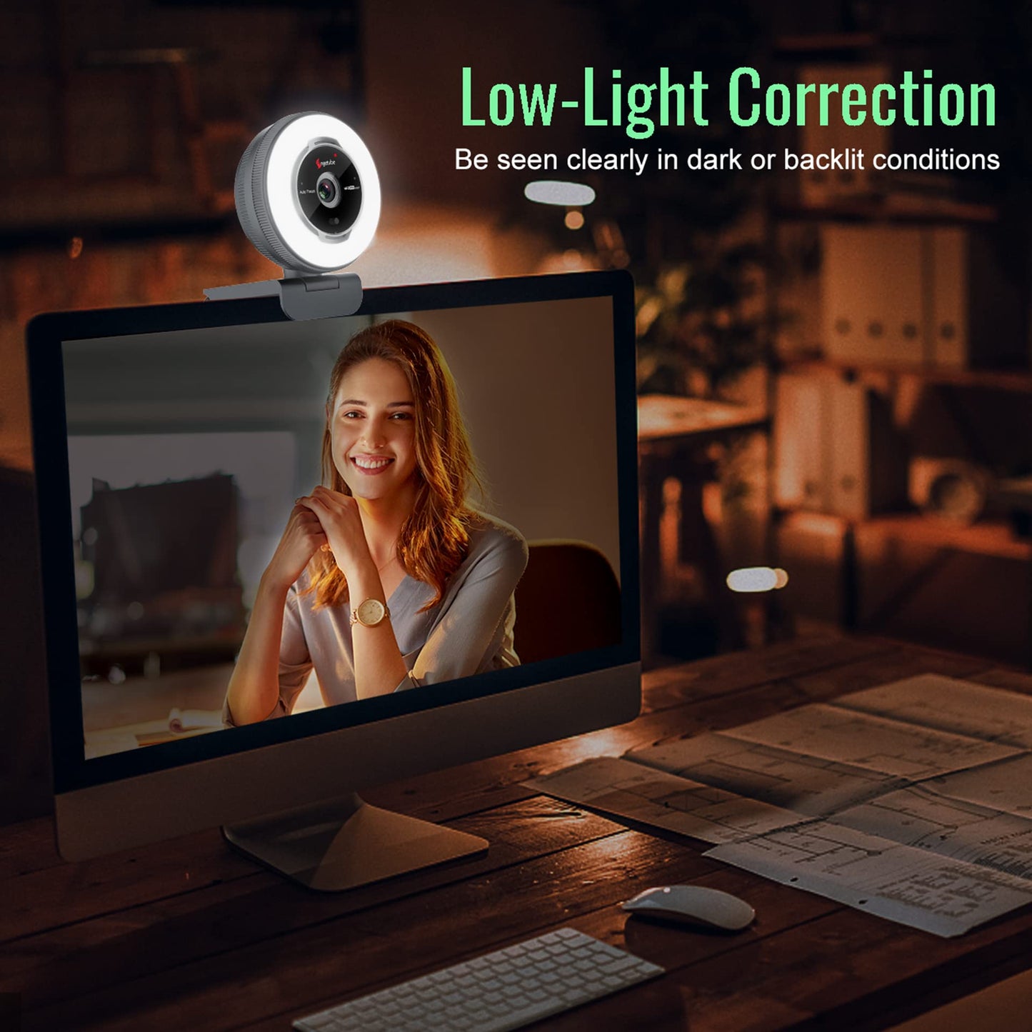 Angetube 60FPS 1080P Webcam mit Ringlicht - PC Kamera mit 5X Digitalzoom und Fernbedienung,Eingebaute Dual-Noise-Cancelling-Mikrofone und Sichtschutzabdeckung,Für PC|Computer|Laptop|Mac|Desktop