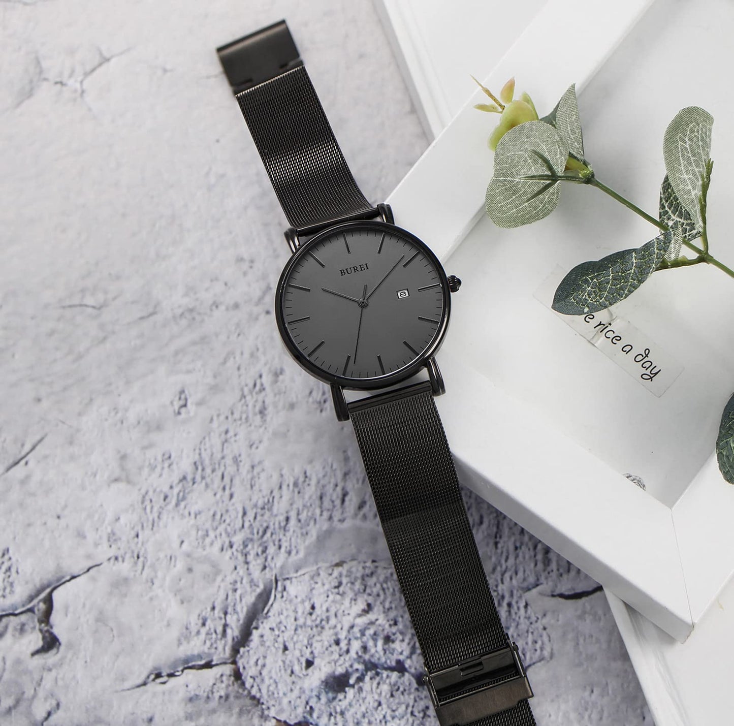BUREI Ultra Dünne Uhren Herren Schwarze Analoges Datum Armbanduhr Herren mit Japanisches Quarzwerk, Geschenke für Männer