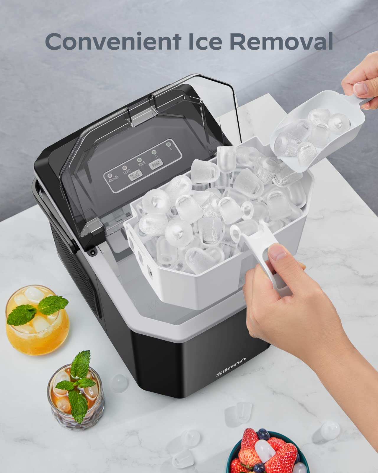 Silonn Eiswürfelmaschine, Kleine Eiswürfelmaschine mit Tragegriff, Selbstreinigende Eiswürfelmaschine mit Korb und Schaufel, 9 Würfel in 6 Minuten, 12 KG pro Tag, ideal für Haus, Küche, Camping, RV