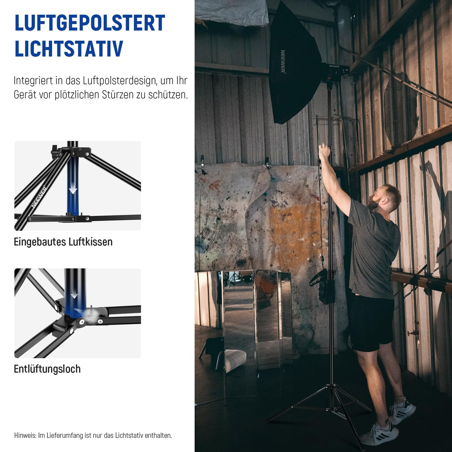 NEEWER 4m Lichtstativ, Luftgepolstertes Heavy Duty Metallstativ für Ringlicht Fotografie Lampen mit 1/4" zu 3/8" Schraubadapter und 3 Wege Schnittstellen, Tragfähigkeit: 3kg, ST-400AC