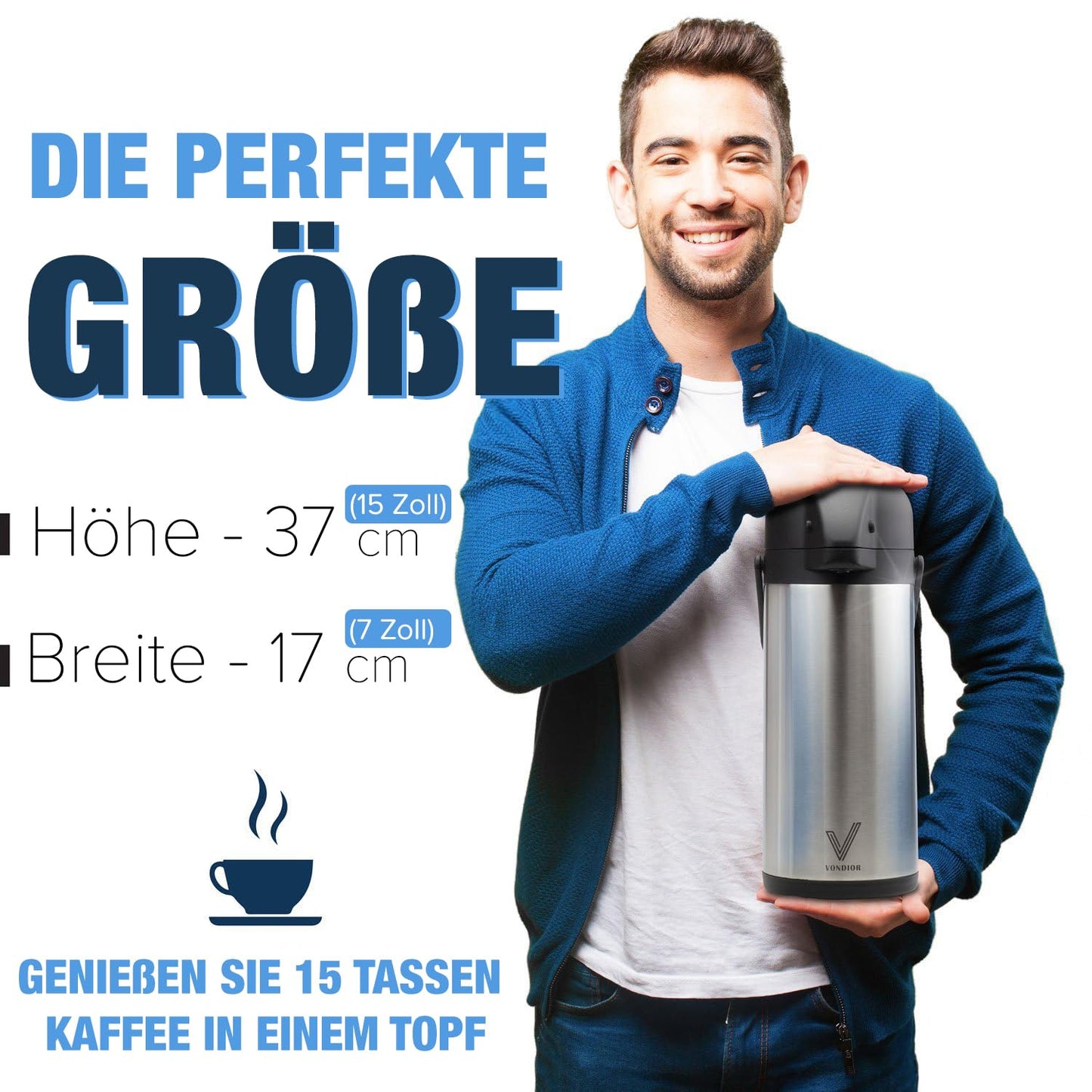 Vondior Airpot Pumpkanne 2,5 liters- Professionelle isolierte Kaffeekaraffe aus Edelstahl, Thermoskanne, Thermos-Getränkespender, Geeignet Für Partygetränke