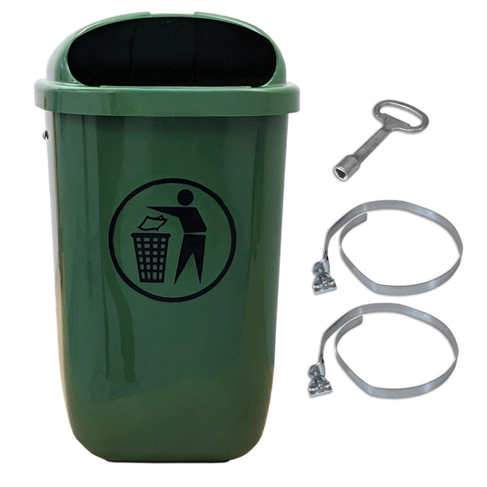 SULO Original Set Abfallbehälter Papierkorb mit Regenhaube | Der Klassiker Made in Germany | 50 Liter | Grün | Mit 2 Befestigungsschellen & 1 Dreikantschlüssel | H740xB432xT256mm