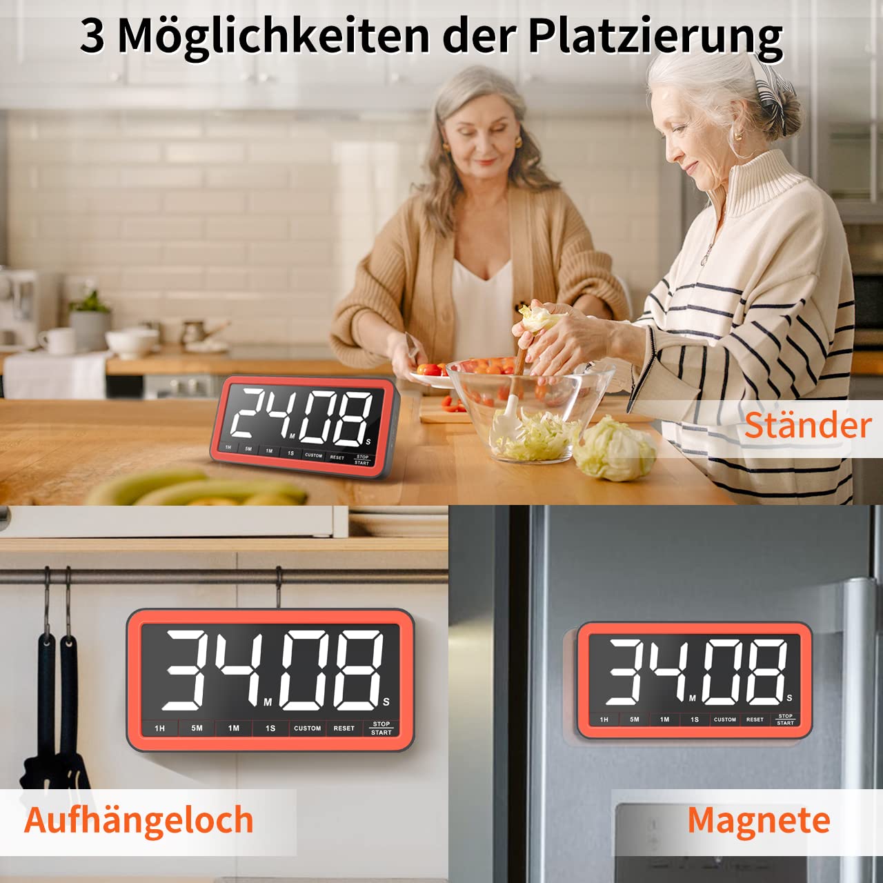 VOCOO Extra große Digitale Zeitschaltuhr: 19,8 cm LED-Bildschirm, starker Magnet, 3 Helligkeit, 4 Alarmtöne, 4 Lautstärken, Countdown Timer für Küche, Klassenzimmer, Fitnessstudio (Schwarz+Orange)