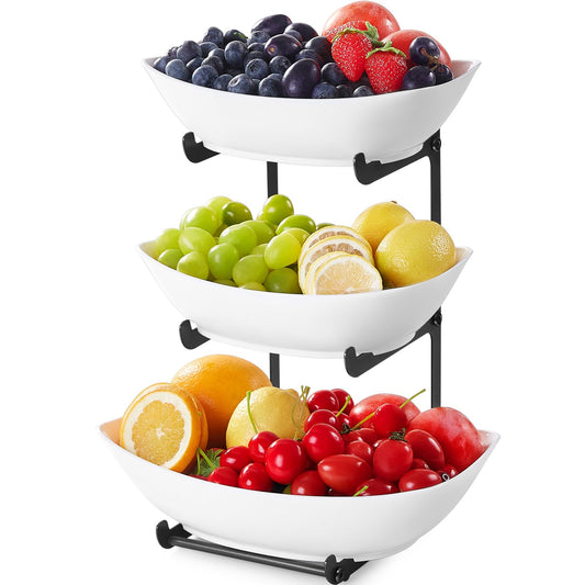 Lifewit Obst Etagere mit 3 Etagen,Obstschalen aus Kunstsoff mit Schwarzem Metallregal, Obstkorb Etagere 3 Stöckig, Obstständer Obstregal mit Weiße Servierplatte für Buffets/Obst/Snack/Gemüse/Desserts
