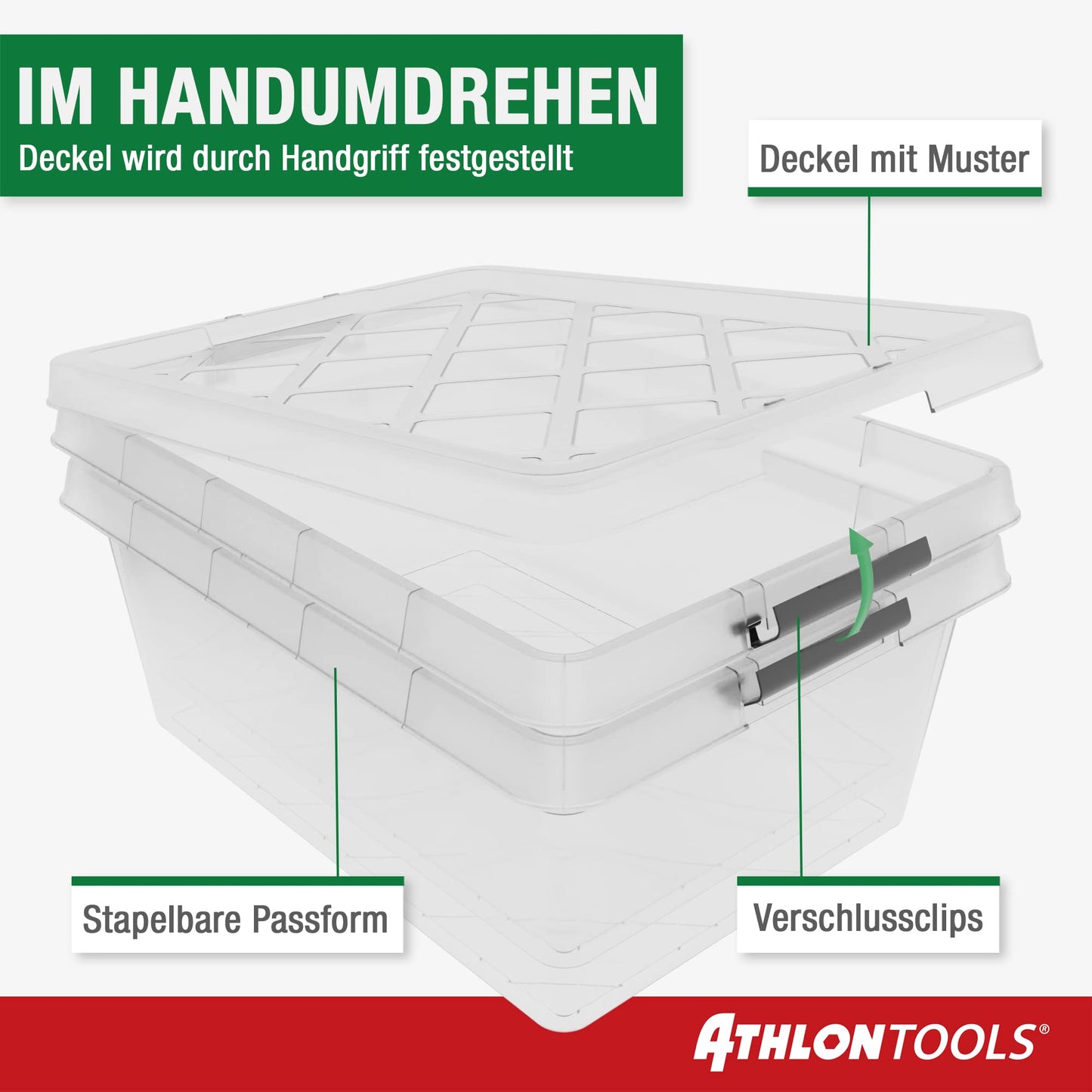 ATHLON TOOLS 4x 12.5 L Aufbewahrungsboxen mit Deckel, lebensmittelecht - Verschlussclips - 100% Neumaterial Plastik-Box transparent - Kleiderboxen stapelbar…