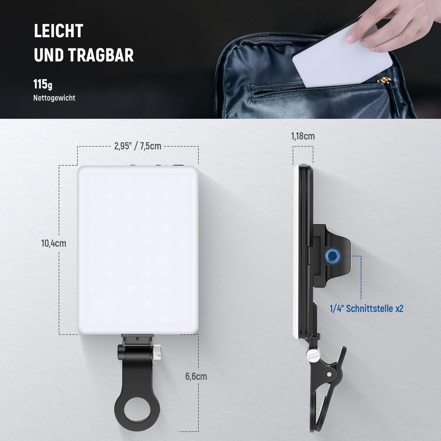 NEEWER Basic Clip On Selfie Licht kompatibel mit iPhone, 2000mAh wiederaufladbares LED Videolicht mit Handy Clamp für Computer Webcam, Laptop, Zoom Videokonferenzen, Make up Fotografie, NL-60AI