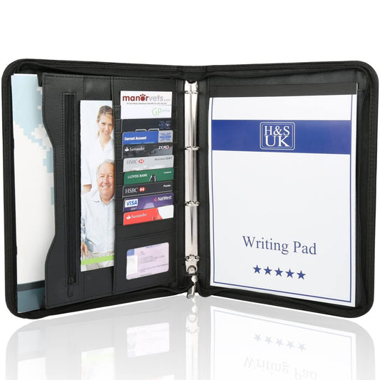 H&S A4 Schreibmappe mit Ringbuch - Konferenzmappe mit Reißverschluss & Schreibblock - Organizer Dokumentenmappe & Aktenmappe aus Kunst Leder in Schwarz mit 11 Kartenfächern