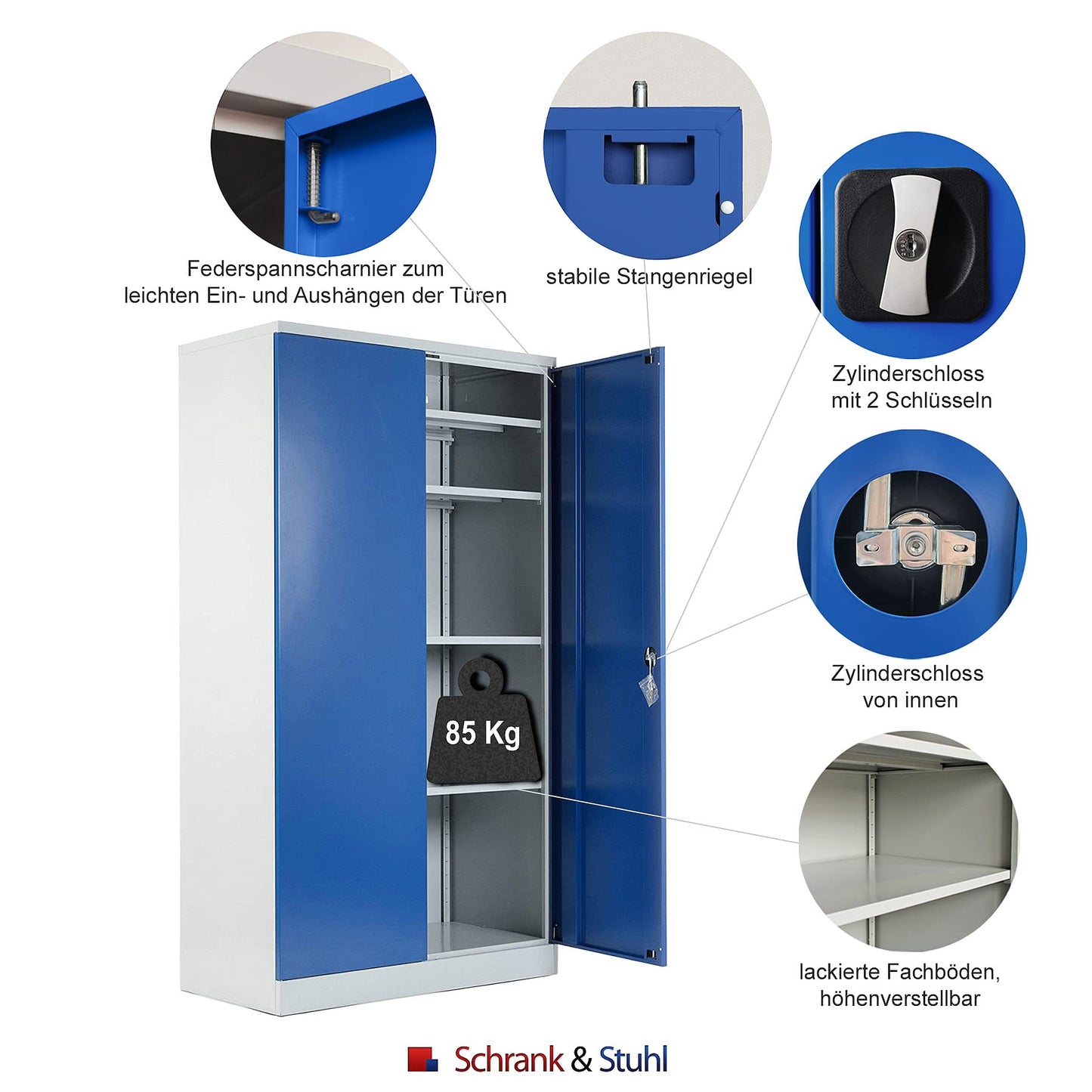 Schrank & Stuhl XXL Werkzeugschrank – Werkstattschrank mit 4 höhenverstellbaren Fachböden, Stahlschrank für Werkzeuge, 195 x 92 x 60 cm (H x B x T), Grau/Blau
