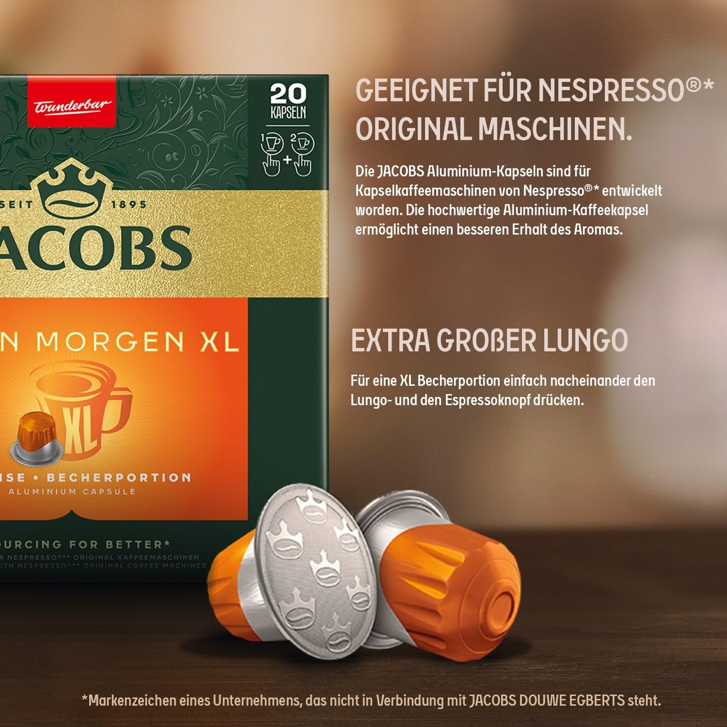 Jacobs Kaffeekapseln Guten Morgen XL, Nespresso* kompatible Kapseln, Intesiver Kaffee, Intensität 8/12, 200 Stück (10 x 20 Getränke)
