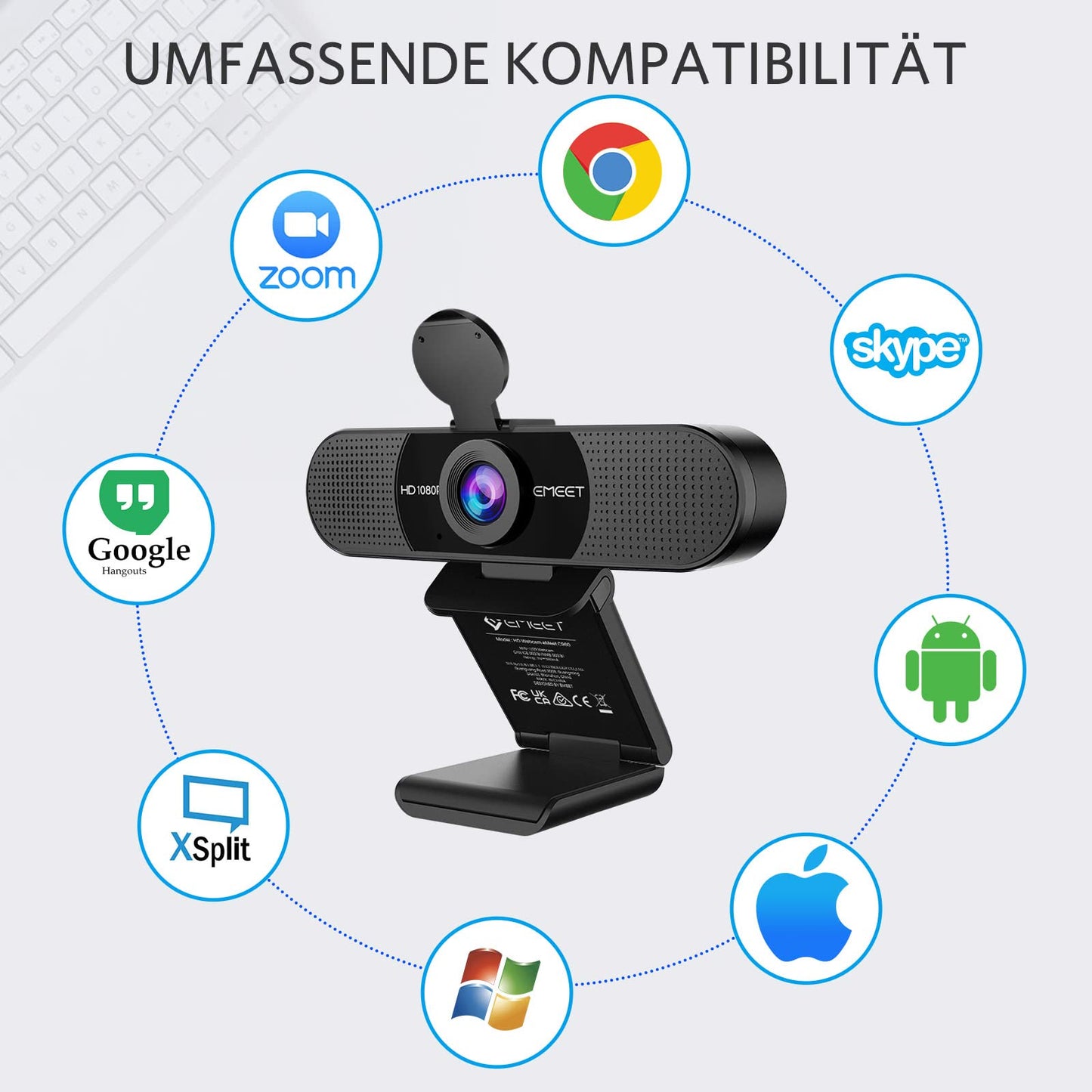 EMEET Full HD Webcam - C960 1080P Webcam mit Objektivabdeckung & Dual Mikrofon, 90 ° Streaming Kamera mit Automatische Lichtkorrektur, Plug & Play, für Linux, Win10, Mac OS