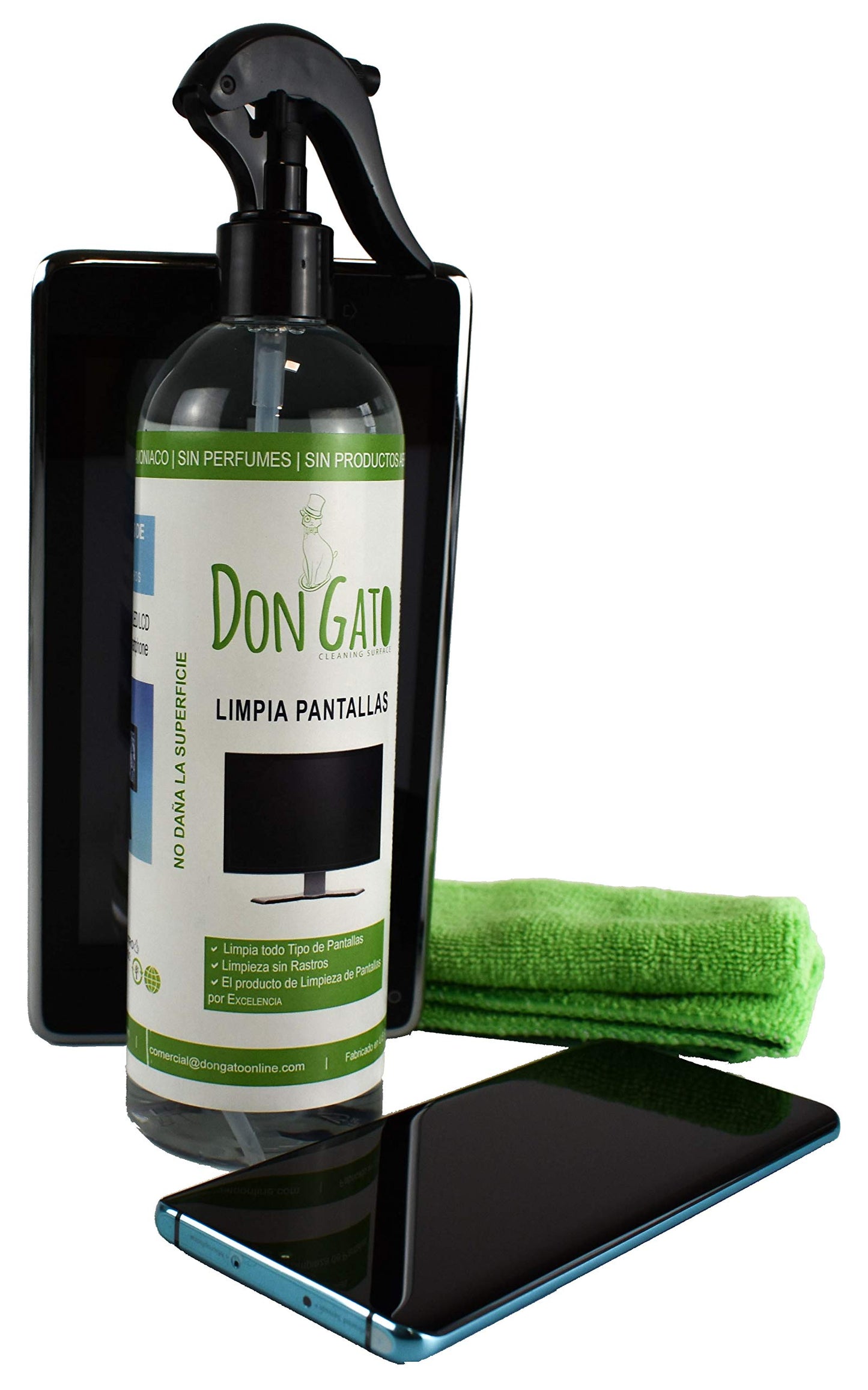 Don GATO - Bildschirmreiniger-Set und 2 Mikrofasertücher (500ml) für Fernseher, Tablets, Computer, Laptops und Mobiltelefone. Hergestellt aus Natúrlichen Produkten und Umweltbewusst
