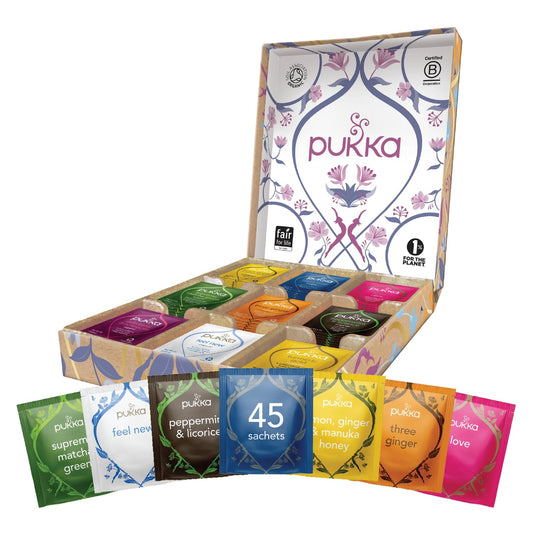 Pukka Tee Geschenkset, Bio Selection Box "Lieblingstee", Manuka Honig, Grüner Tee, Ingwer, Tee Set, Geschenkidee, 9 Tee Varianten, 45 Teebeutel