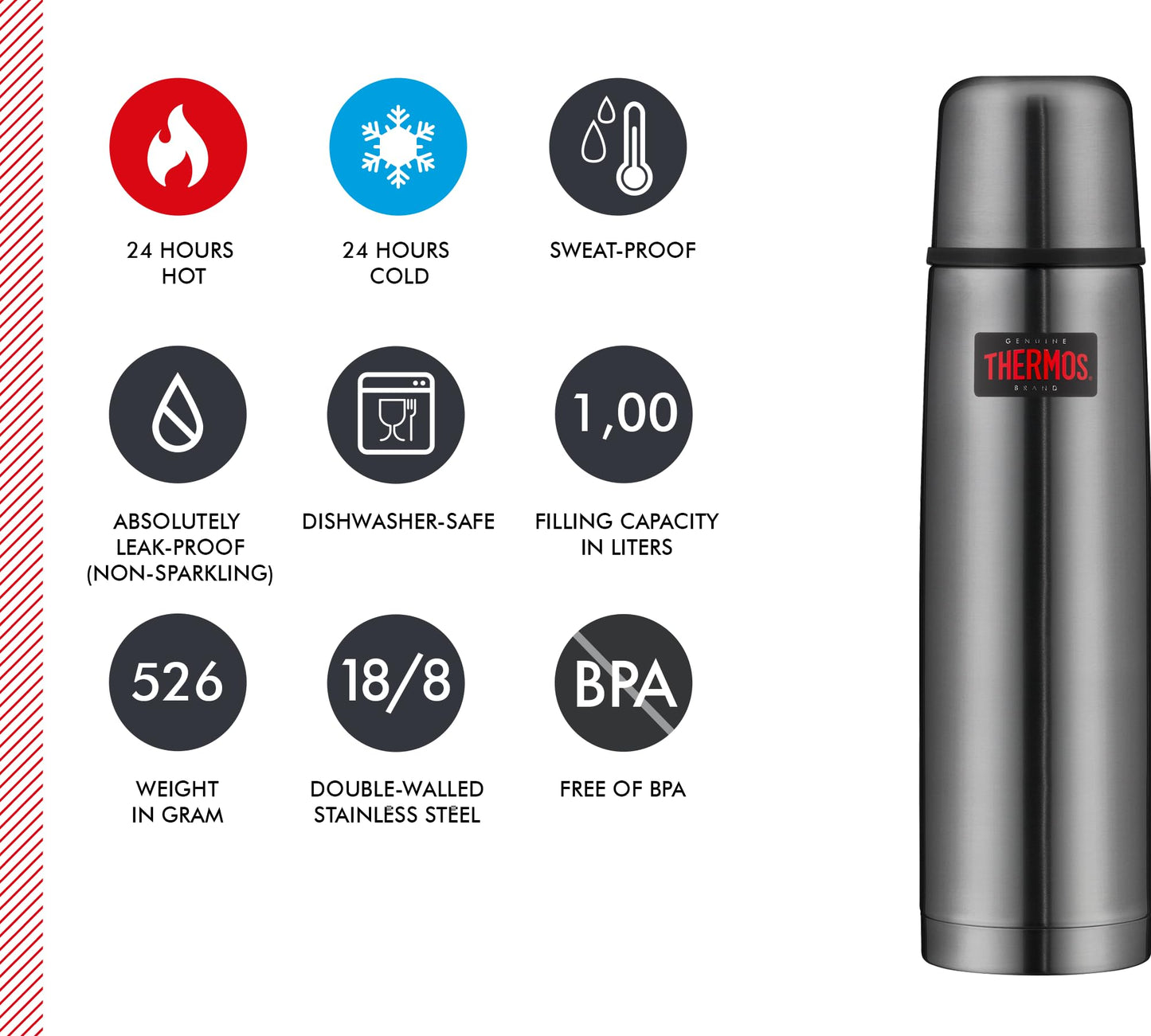 THERMOS LIGHT & COMPACT BEVERAGE BOTTLE 1l, stone grey, Thermosflasche Edelstahl, Isolierflasche grau mit Trinkbecher, 24 h heiß / 24 h kalt, spülmaschinenfest, absolut dicht, BPA-frei