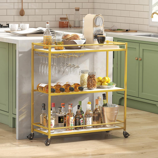 Lifewit Servierwagen, 3-stöckiger Barwagen auf feststellbaren Rädern, Küchenrwagen für 12 Gläser und 4 Weine, Servierwagen mit Rollen für das Esszimmer, 80,2 x 33,2 x 86 cm, Gold Lebenswit