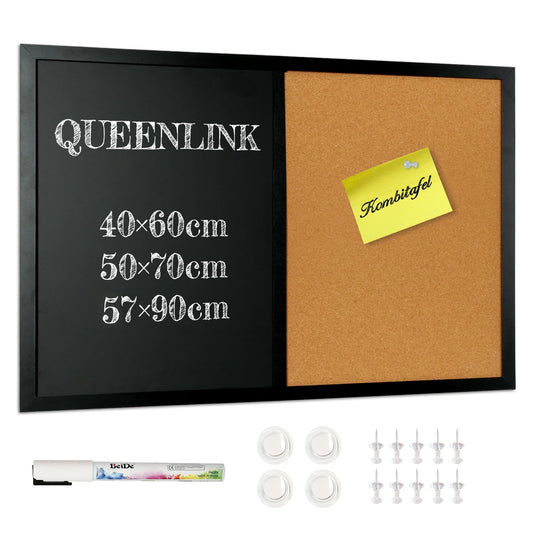 QUEENLINK Kombitafel mit Magnetische Kreidetafel und Pinnwand Kork 40 x 60 cm Pinnwand Küche Magnettafel Memoboard