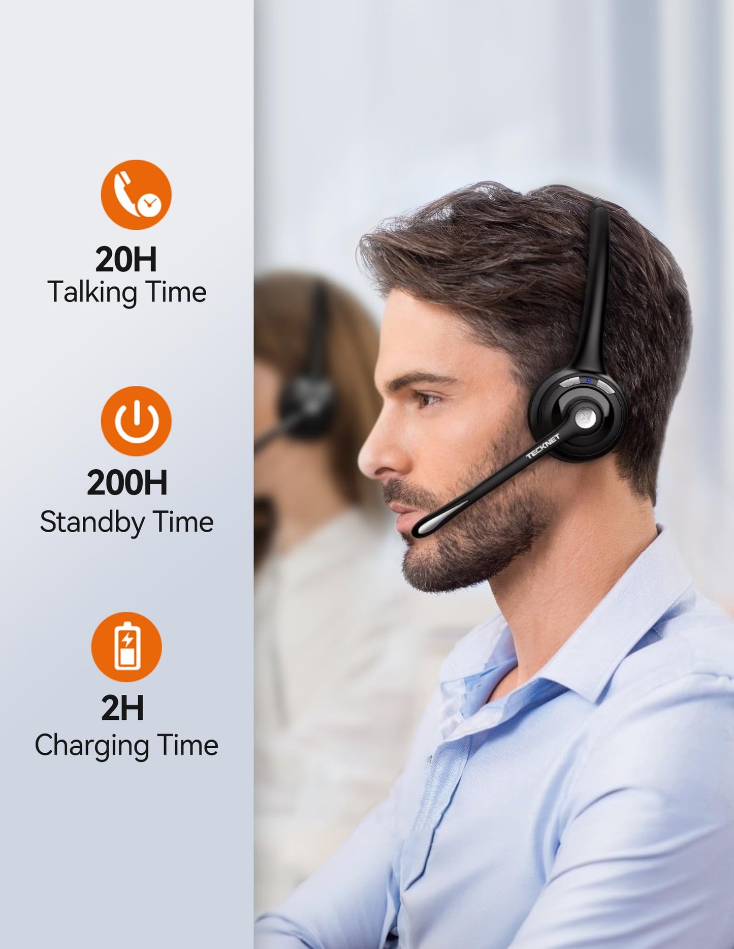 TECKNET Bluetooth Headset mit Mikrofon & USB Dongle, kabelloses PC Headset, Rauschunterdrückung und Freisprechen Chat Headset für Computer, Callcenter, Telefonkonferenzen, Super Leicht, Ultra Komfort