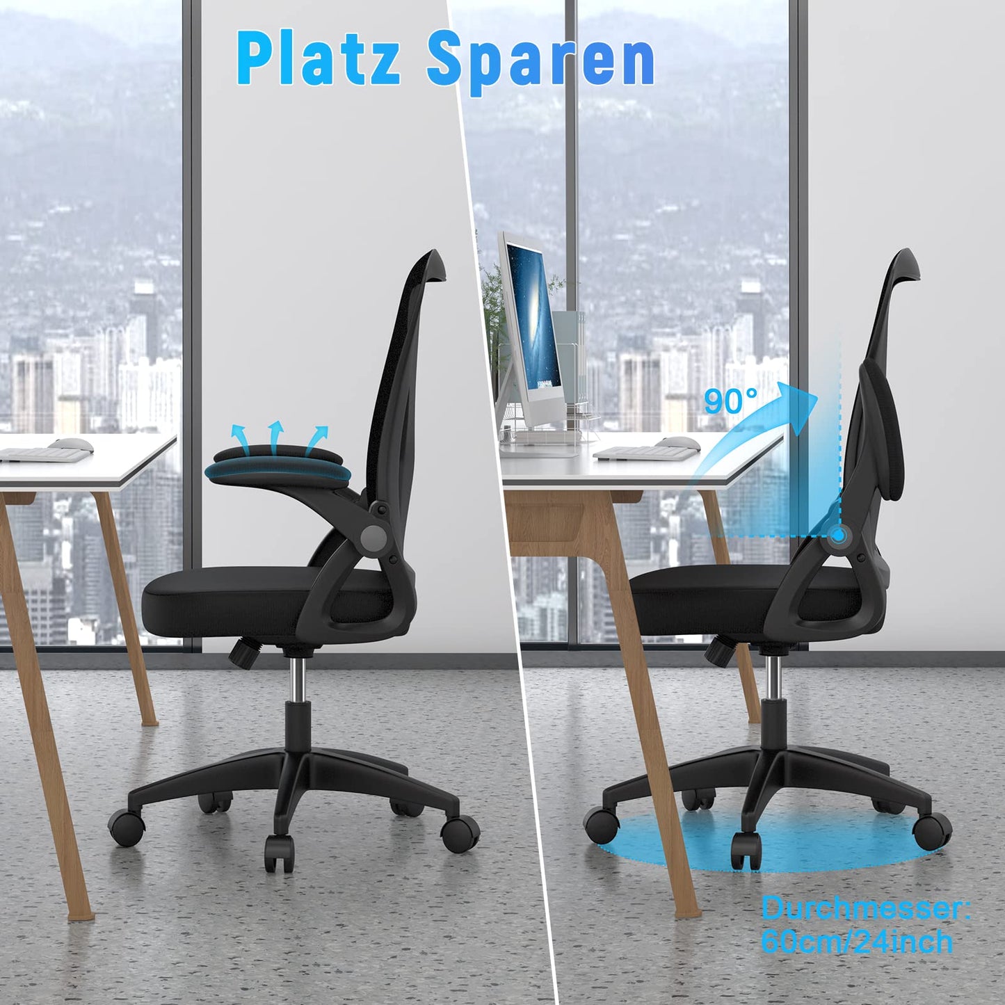 naspaluro Bürostuhl mit Verstellbaren Armlehnen, Ergonomischer Schreibtischstuhl mit Netzbespannung, Lordosenstütze, Höhenverstellbarer, Gepolstertem Sitzkissen, 360° Drehstuhl, Schwarz