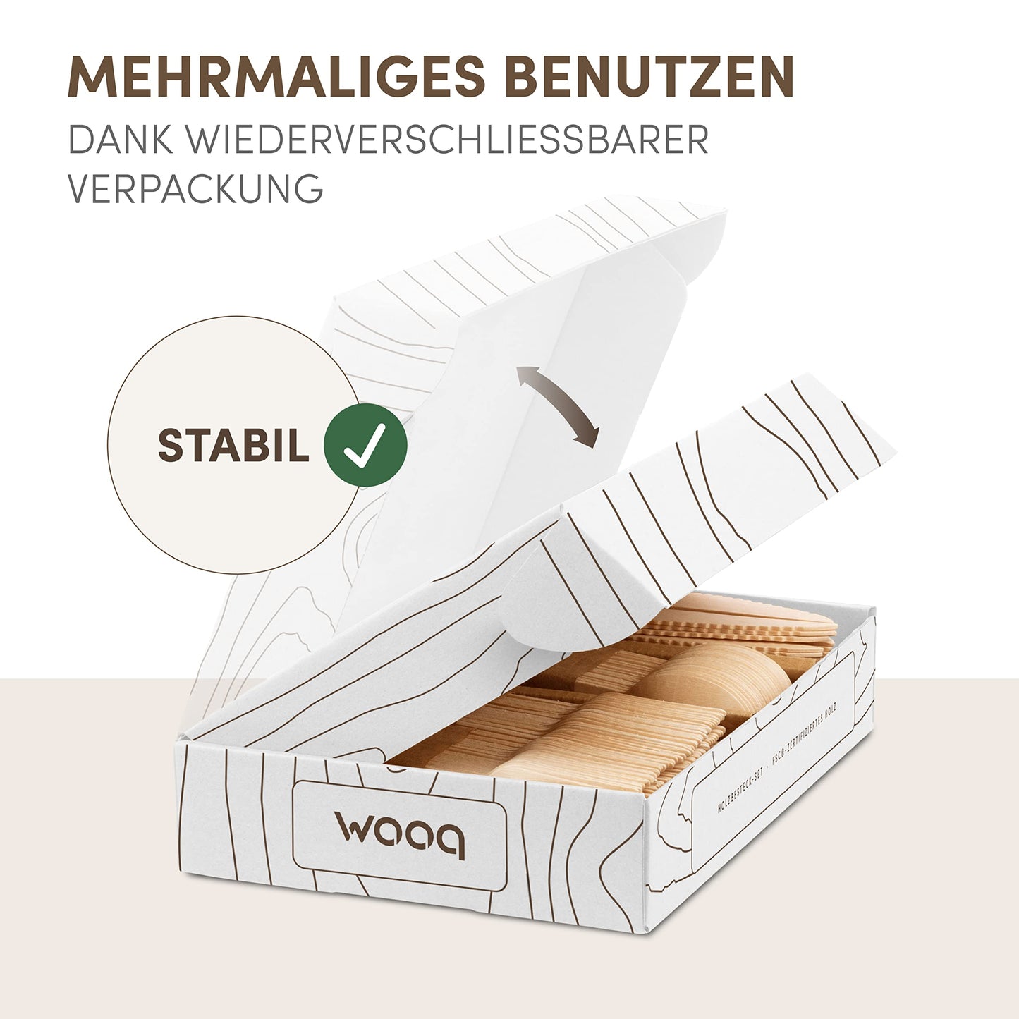 wooq Premium Holzbesteck Set 200-teilig aus Birkenholz (100 Holzgabeln, 50 Holzlöffel, 50 Holzmesser Holz Besteck) Einwegbesteck kompostierbar in wiederverschließbarer Pappbox