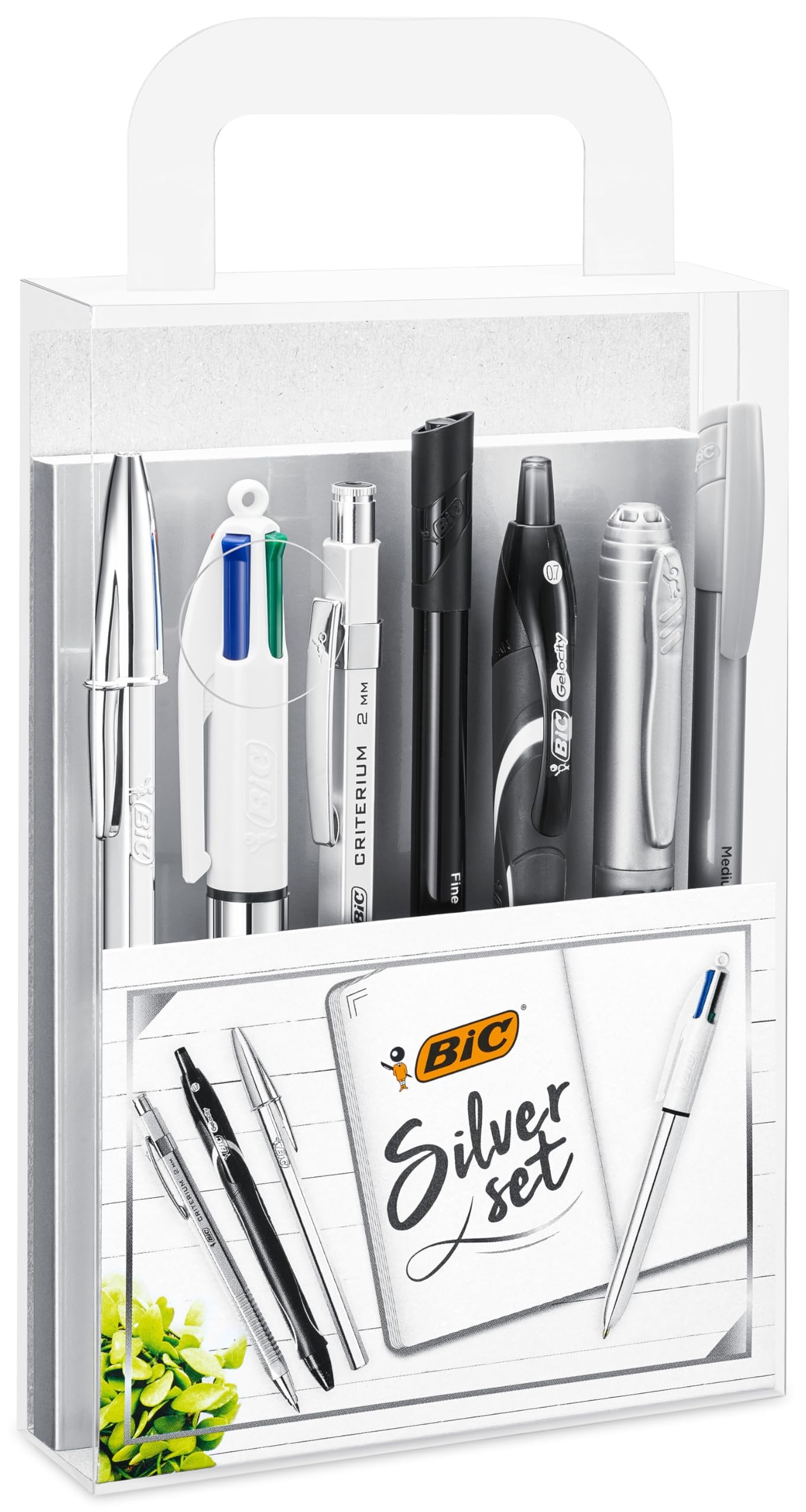 BIC Schreibwaren Set à 8: 2 Kugelschreiber, 1 Notizbuch, 1 Fineliner, 1 Bleistift, 1 Druckbleistift, 1 Marker und 1 Gelroller, Silver Set