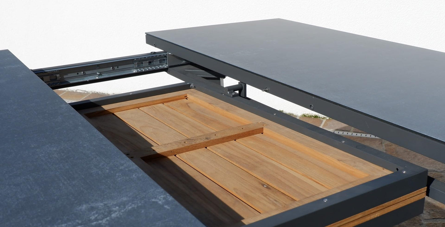 ALEOS. Gartengarnitur Gartenset Aluminium Teak Set mit quadratischem Ausziehtisch 150x110cm auf 150cm ausziehbar + 8 Stapelstühle anthrazit Trinidad