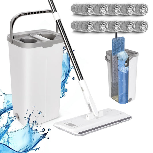 Wischmopp Set mit Eimer, MASTERTOP Bodenwischer Set mit Verstellbarer Griff und 10 Mikrofaser Wischpads, 2 in 1 Putzeimer and Wischmopp Set, Wischer mit Auswringfunktion für All Boden-Weiß