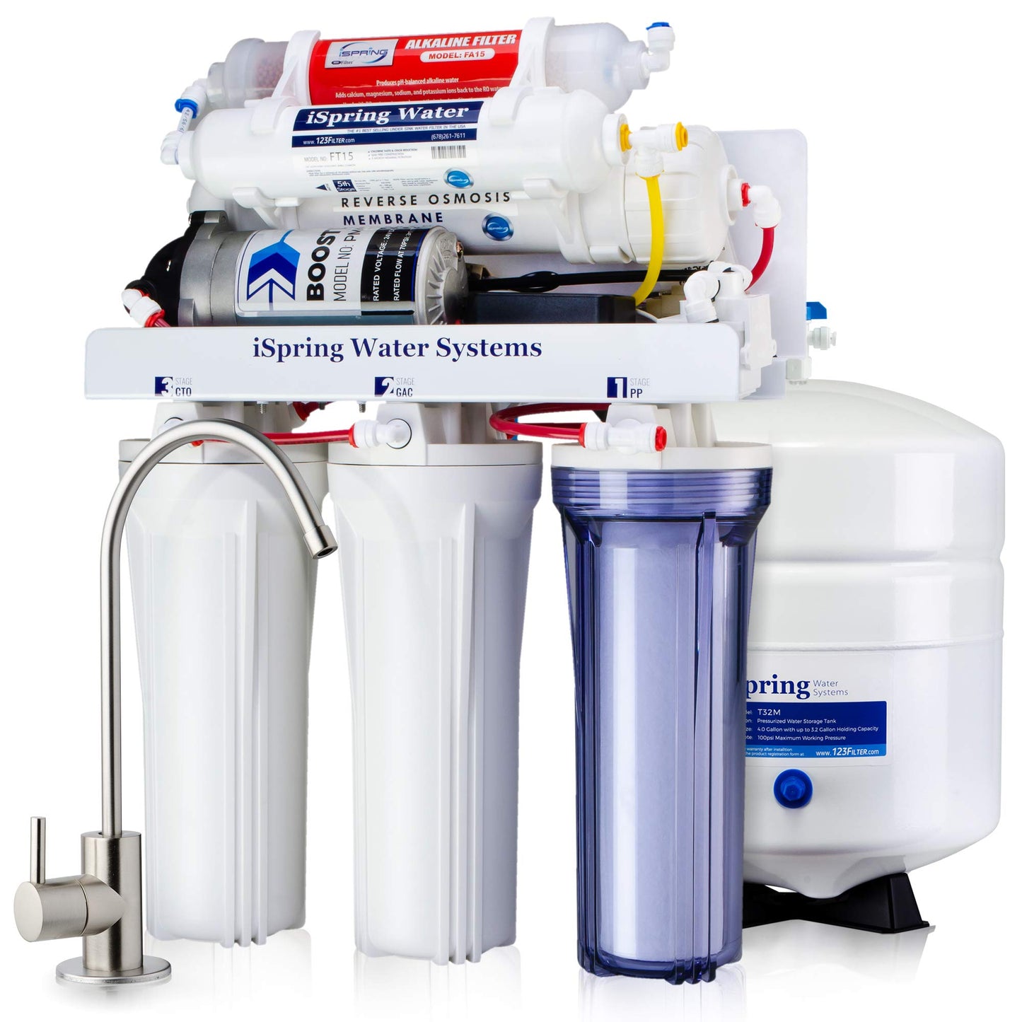 iSpring RCC7P-AK 6-stufiges Umkehrosmose-System unter dem Waschbecken mit alkalischem Wasserfilter und Pumpe, pH+, 75 GPD, TDS-Reduktion, WQA-zertifiziertes RO-Trinkwasser-Filtrationssystem