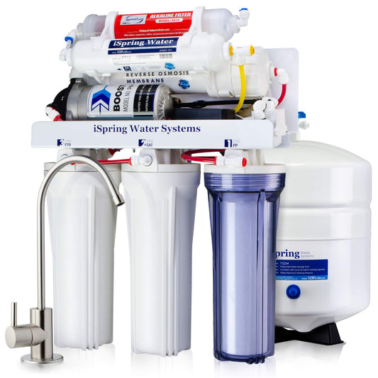 iSpring RCC7P-AK 6-stufiges Umkehrosmose-System unter dem Waschbecken mit alkalischem Wasserfilter und Pumpe, pH+, 75 GPD, TDS-Reduktion, WQA-zertifiziertes RO-Trinkwasser-Filtrationssystem