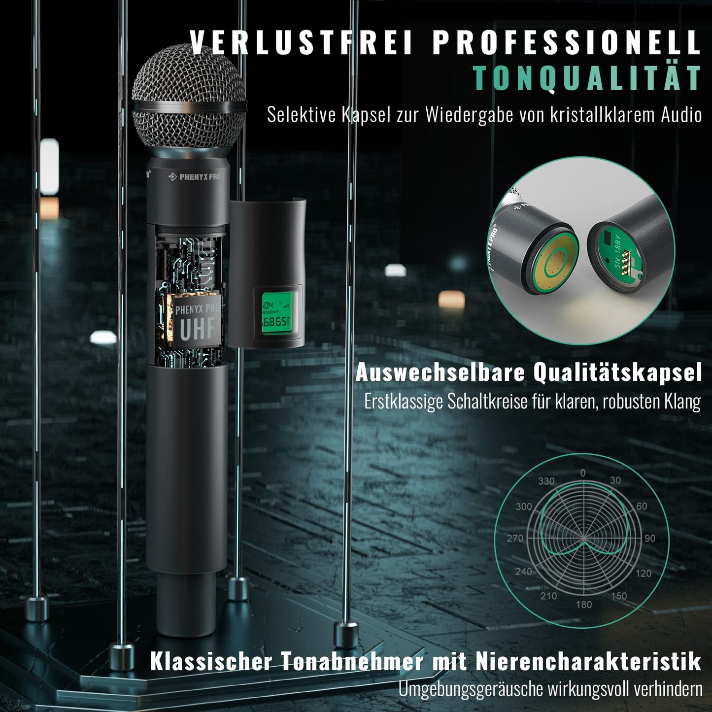 Phenyx Pro 4-Kanal UHF Drahtlos-Mikrofonsystem, Festfrequenz-Mikrofon mit Hand-/Taschen-/Kopfbügel-/Ansteckmikrofonen für Kirche, Karaoke, Gesang, DJ (PTU-5000B)