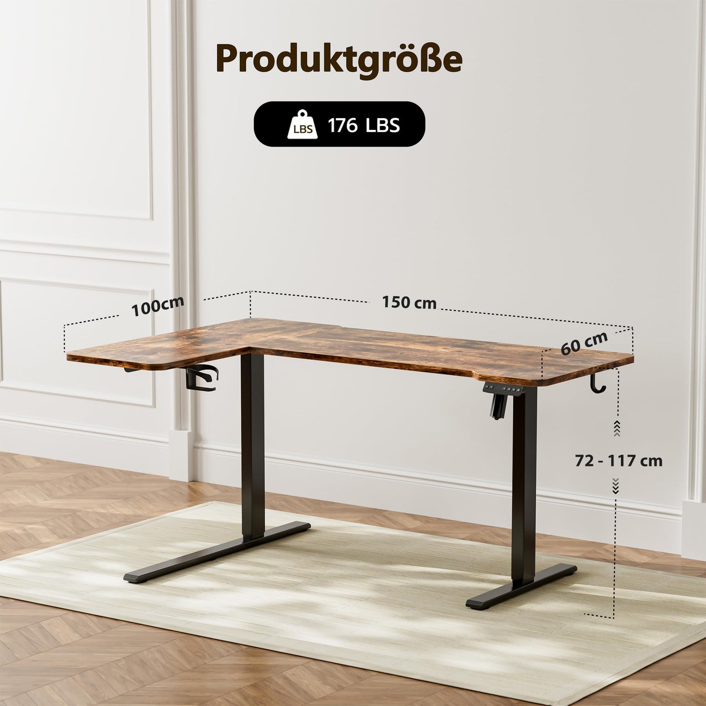 Acrolix Höhenverstellbarer Schreibtisch Eckschreibtisch, 150 X 100 cm Schreibtisch Höhenverstellbar Elektrisch, Steh-Sitz Gaming Tisch Computertisch, Stabile Doppelträger für Zuhause, Büro, Braun