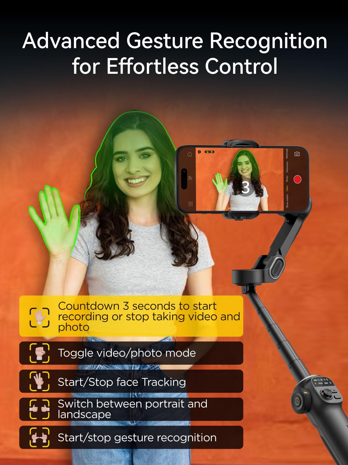 AOCHUAN Gimbal-Stabilisator für iPhone, 3-Achsen-iPhone-Gimbal mit integrierter 7,8-Zoll-Verlängerungsstange, tragbarer Gimbal-Stabilisator mit OLED-Display für iPhone/Android-Smart X2 Schwarz
