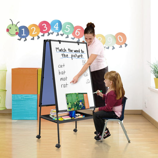 MAKELLO Flipchart Ständer, 90x60cm, mit Ablageschale, Flipcharts Whiteboard Magnetisch, Doppelte Schreibfläche Höhenverstellbar, Schwarz, Vierbein mit Rollen Flip Chart für Büro, Schule, Zuhause