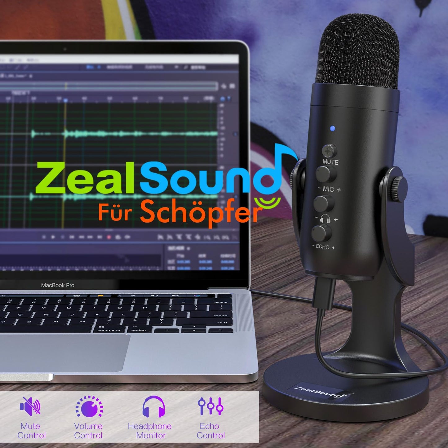 zealsound USB Mikrofon, Kondensator Mikrofon für PC Handy, PS4, PS5, Microphone PC USB C für Gaming, Podcast,Aufnahmen,Streaming,ASMR mit Stumm/Gain/Echo, Adapter für Phone,Kompatibel mit Mac, Winows