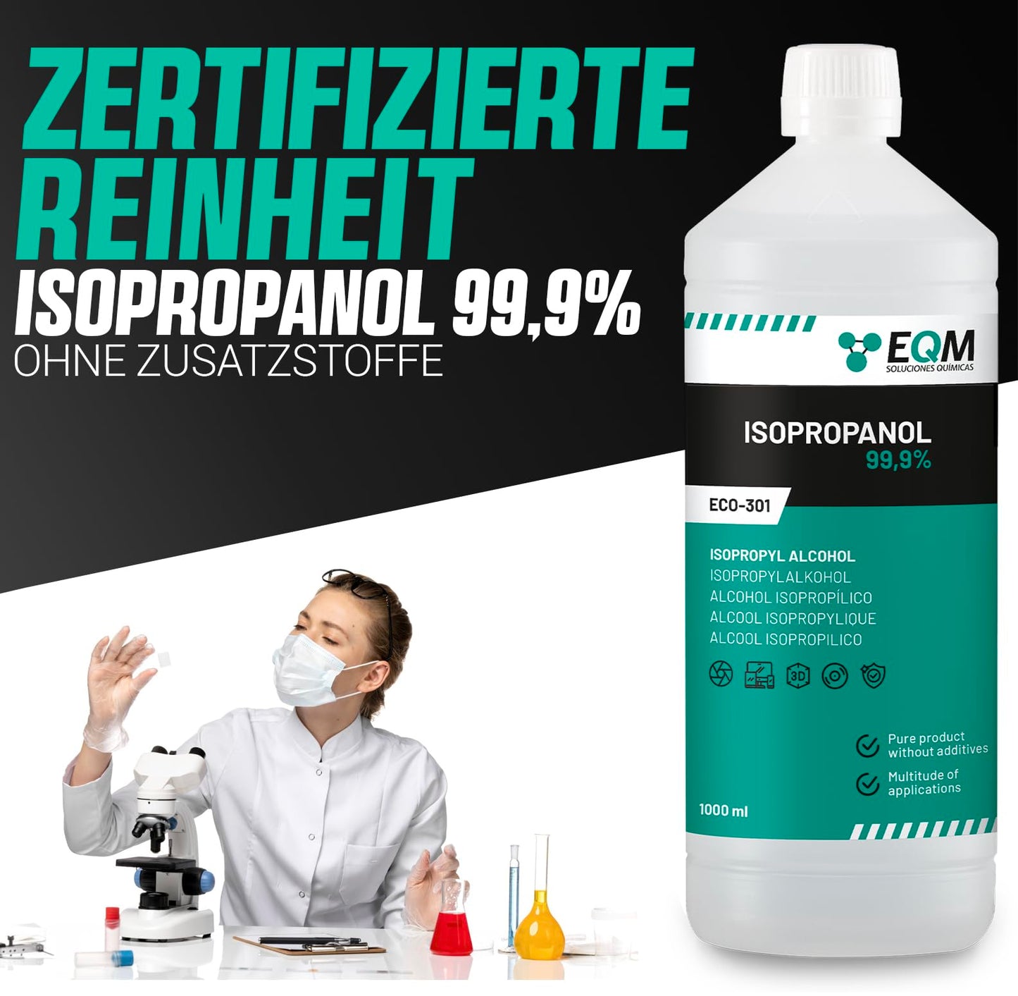EQM - ECO-301 - Isopropanol - Isopropylalkohol 99.9% - 1L - Reinigung von elektronischen Bauteilen, Linsen und Bildschirmen - Reinigung von Harzen im 3D-Druck
