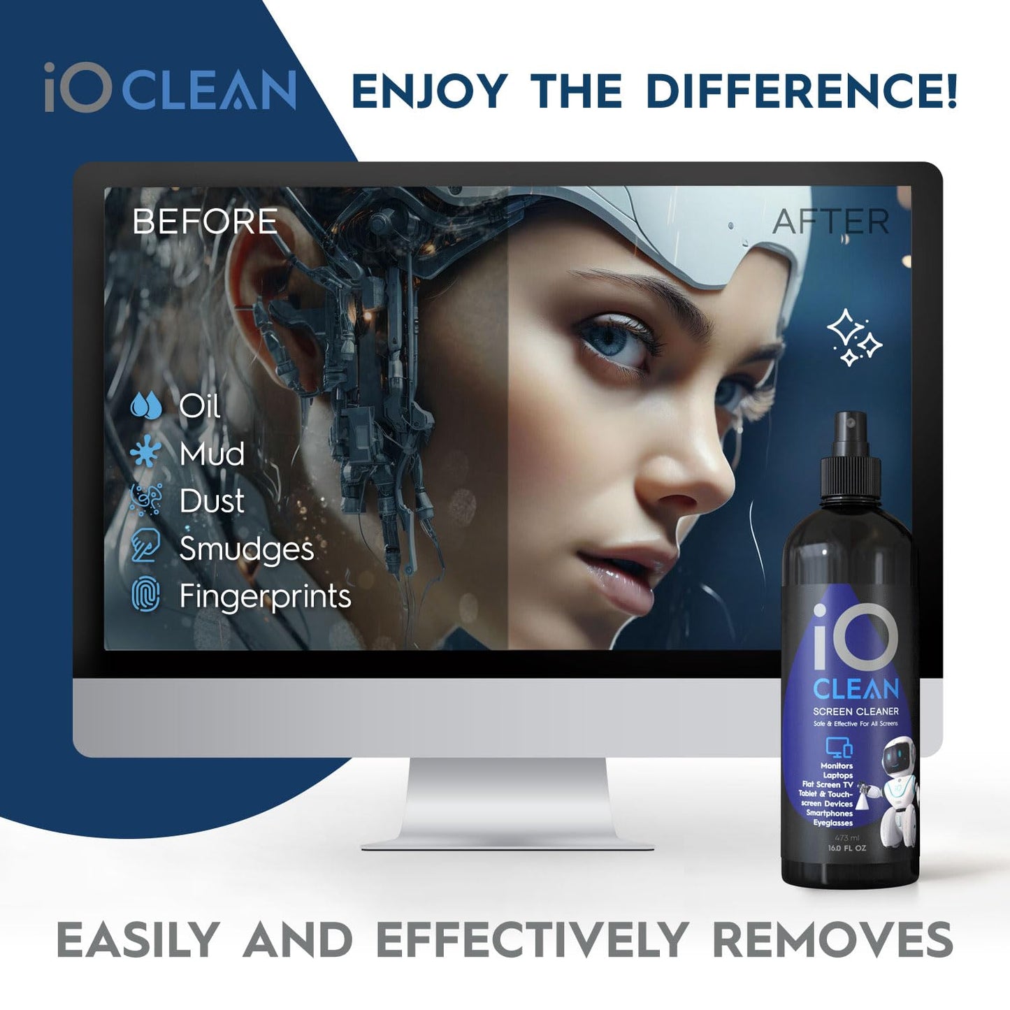 iO Clean Bildschirmreiniger Spray (16oz - 473ml) – Bestes großes Reinigungsset für LCD-LED-OLED-Fernseher, Smartphone, iPad, Laptop, Touchscreen, Computermonitor, andere Geräte – Mikrofasertüche